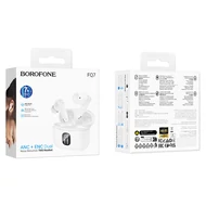 Bluetooth headset, Borofone FQ7, vezeték nélküli fülhallgató, töltő tokkal, LED állapotjelzővel, ANC+ENC zajszűrés, fehér, bliszteres