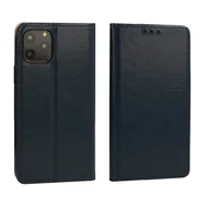 Tok, mágneses oldalra nyíló valódi olasz bőr flip tok, Apple Iphone 11 Pro Max (6,5"), sötétkék, (szilikon belsővel)