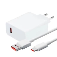 Töltő, Xiaomi töltőfej 33W /MDY-14-EL/, Type-C kábellel, 6A, gyorstöltő, gyári, fehér, csomagolás nélüli