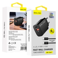 Töltő, Blavec BC2 (TCBC2-UCB20+CC), USB és TYPE-C kimenettel, QC 3.0 PD 20W, Type-C / Type-C kábel, gyorstöltő, fekete, bliszteres