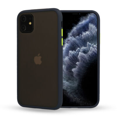 Tok, Vennus Button Matt Bumper, Apple Iphone 12 / 12 Pro (6,1"), keményített füstszínű hátlap, kék szilikon kerettel 