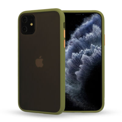 Tok, Vennus Button Matt Bumper, Apple Iphone 7 / 8 / SE (2020 / 2022), keményített füstszínű hátlap, oliva zöld szilikon kerettel 