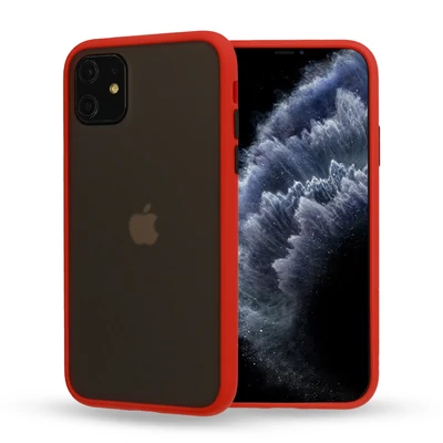 Tok, Vennus Button Matt Bumper, Apple Iphone 12 / 12 Pro (6,1"), keményített füstszínű hátlap, piros szilikon kerettel 