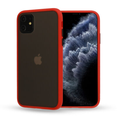 Tok, Vennus Button Matt Bumper, Apple Iphone 7 / 8 / SE (2020), keményített füstszínű hátlap, piros szilikon kerettel 
