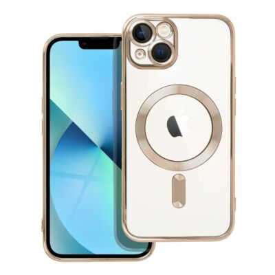 Tok, Electro Mag, szilikon hátlap, kameravédő lencsével, Apple Iphone 14 (6,1"), átlátszó, arany kerettel