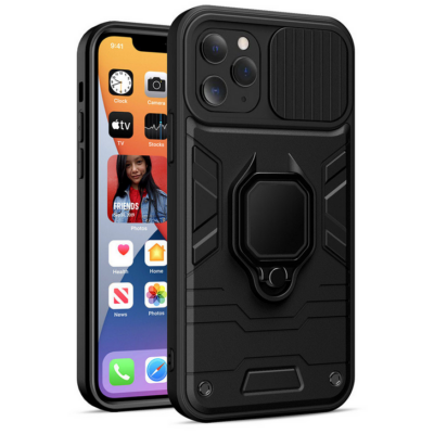 Tok, Ring LENS ütésálló hátlap, szilikon kerettel, eltolható kameravédővel, gyűrűs ujjtartóval, Apple Iphone 13 Pro Max (6,7"), fekete