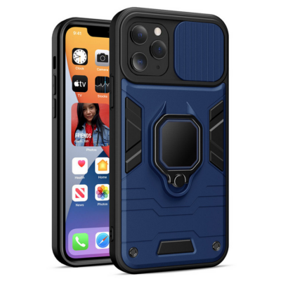 Tok, Ring LENS ütésálló hátlap, szilikon kerettel, eltolható kameravédővel, gyűrűs ujjtartóval, Apple Iphone 13 Pro Max (6,7"), kék
