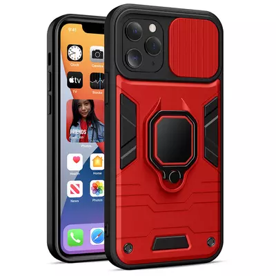 Tok, Ring LENS ütésálló hátlap, szilikon kerettel, eltolható kameravédővel, gyűrűs ujjtartóval, Apple Iphone 11 Pro (5,8"), piros