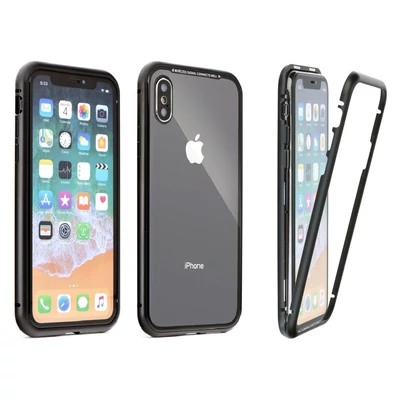 Tok, Magneto, mágneses alumínium bumper, üveg hátlappal, Apple Iphone XS Max, fekete