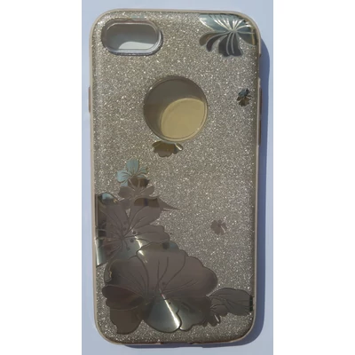 Szilikon tok, Apple Iphone 7 / 8, virág mintás, 3 részes, csillogó arany 