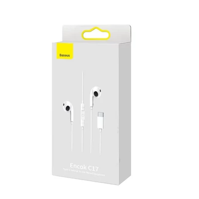 Headset, Baseus Encok C17 /NGCR010002/, Type-C csatlakozóval, felvevőgombos, hangerőszabályzós, fehér, bliszteres
