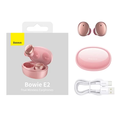 Bluetooth headset, Baseus Bowie E2 /NGTW090004/, vezeték nélküli fülhallgató, töltő tokkal, rózsaszín, bliszteres