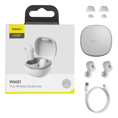 Bluetooth headset, Baseus Encok WM01 /NGWM01-02/NGTW240002/, vezeték nélküli fülhallgató, töltő tokkal, fehér, bliszteres