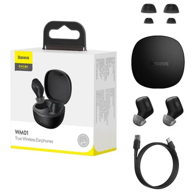 Bluetooth headset, Baseus Encok WM01 /NGWM01-01/NGTW240001/, vezeték nélküli fülhallgató, töltő tokkal, fekete, bliszteres