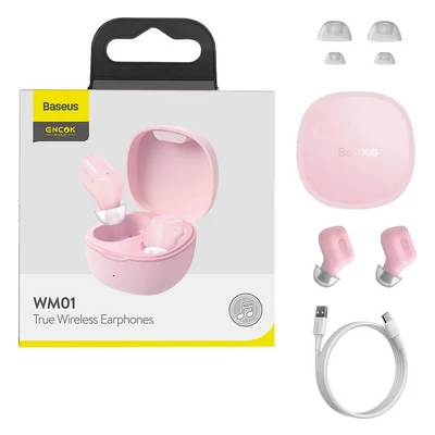 Bluetooth headset, Baseus Encok WM01 /NGWM01-04/ NGTW240004/, vezeték nélküli fülhallgató, töltő tokkal, rózsaszín, bliszteres