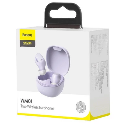 Bluetooth headset, Baseus Encok WM01 /NGWM01-05/, vezeték nélküli fülhallgató, töltő tokkal, lila, bliszteres