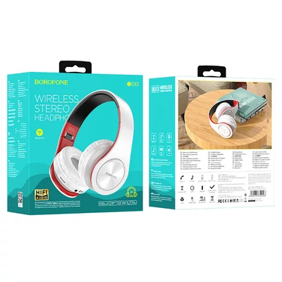 Bluetooth headset, Borofone BO13, sztereó fejhallgató mikrofonnal, fehér-piros, bliszteres