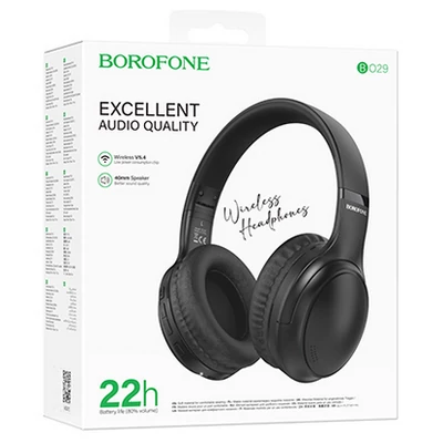 Bluetooth headset, Borofone BO29, sztereó fejhallgató mikrofonnal, fekete, bliszteres