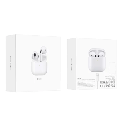 Bluetooth headset, Borofone BW34, vezeték nélküli fülhallgató, töltő tokkal, Lightning USB kábel, fehér, bliszteres