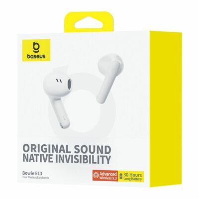 Bluetooth headset, Baseus Bowie E13 /A00059701217-Z1/, vezeték nélküli fülhallgató, töltő tokkal, fehér, bliszteres