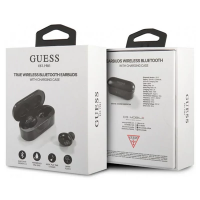 Bluetooth headset, Guess /Classic Logo BT5.0/, vezeték nélküli fülhallgató, töltő tokkal, fekete, bliszteres