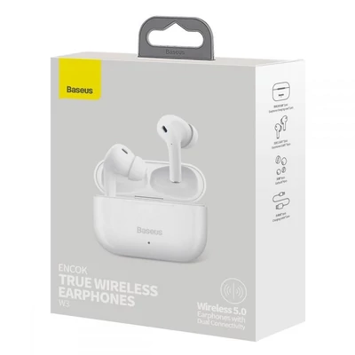 Bluetooth headset, Baseus Encok W3 /NGW3-02/, vezeték nélküli fülhallgató, töltő tokkal, fehér, bliszteres