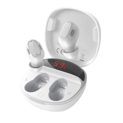 Bluetooth headset, Baseus Encok WM01 Plus /NGWM01P-02/NGWM010002/, vezeték nélküli fülhallgató, töltő tokkal, fehér, bliszteres