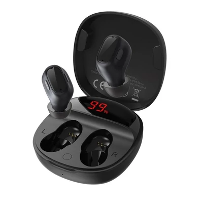 Bluetooth headset, Baseus Encok WM01 Plus /NGWM01P-01/NGWM010001/, vezeték nélküli fülhallgató, töltő tokkal, fekete, bliszteres