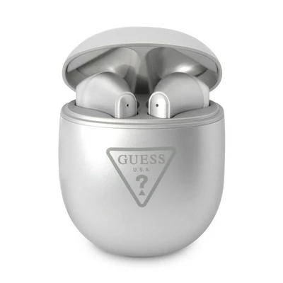 Bluetooth headset, Guess /Triangle Logo BT5.2/, vezeték nélküli fülhallgató, töltő tokkal, ezüst, bliszteres