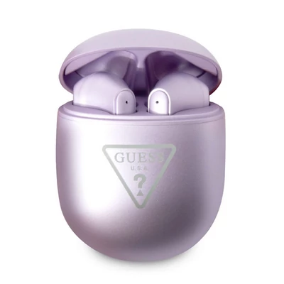 Bluetooth headset, Guess /Triangle Logo BT5.2/, vezeték nélküli fülhallgató, töltő tokkal, lila, bliszteres