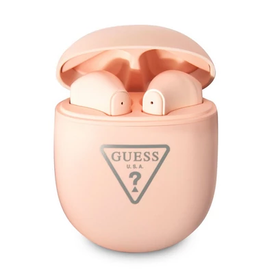 Bluetooth headset, Guess /Triangle Logo BT5.2/, vezeték nélküli fülhallgató, töltő tokkal, matt rózsaszín, bliszteres