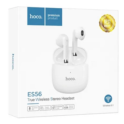 Bluetooth headset, Hoco ES56, vezeték nélküli fülhallgató, töltő tokkal, fehér, bliszteres