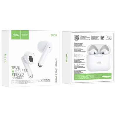 Bluetooth headset, Hoco EW34, vezeték nélküli fülhallgató, töltő tokkal, fehér, bliszteres