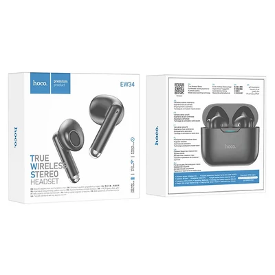 Bluetooth headset, Hoco EW34, vezeték nélküli fülhallgató, töltő tokkal, fekete, bliszteres