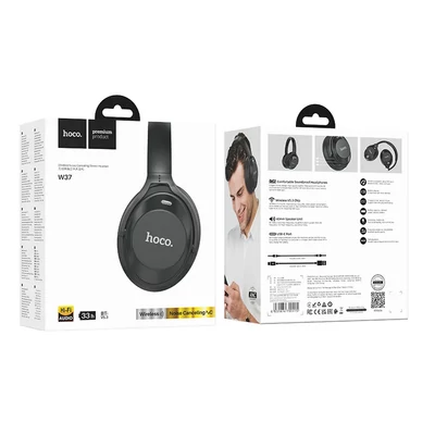 Bluetooth headset, HOCO W37, sztereó fejhallgató mikrofonnal, fekete, bliszteres