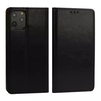 Tok, mágneses oldalra nyíló valódi olasz bőr flip tok, Huawei P40, fekete, (szilikon belsővel)