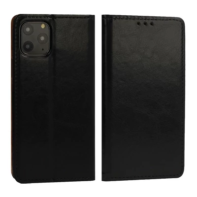 Tok, mágneses oldalra nyíló valódi olasz bőr flip tok, Apple Iphone 13 Pro (6,1"), fekete, (szilikon belsővel)