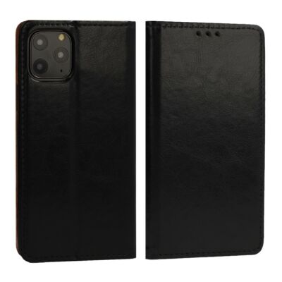 Tok, mágneses oldalra nyíló valódi olasz bőr flip tok, Apple Iphone 11 (6,1"), fekete, (szilikon belsővel)