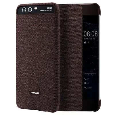 Gyári tok, Huawei P10, oldalra nyíló smart flip tok, átlátszó barna, bliszteres