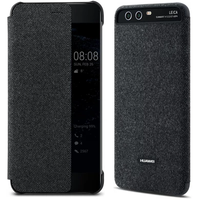 Gyári tok, Huawei P10, oldalra nyíló smart flip tok, átlátszó sötét szürke, bliszteres