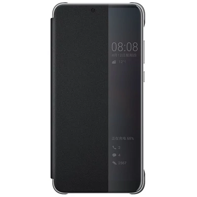 Gyári tok, Huawei P20 Pro, oldalra nyíló műanyag smart flip tok, fekete, bliszteres