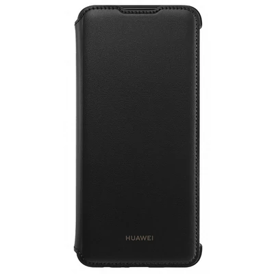 Gyári tok, Huawei P Smart (2019), oldalra nyíló smart flip tok, fekete, bliszteres
