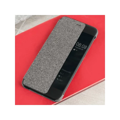 Gyári tok, Huawei P10 Lite, oldalra nyíló smart flip tok, átlátszó szürke, bliszteres