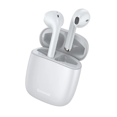 Bluetooth headset, Baseus Encok W04 Pro /NGW04P-02/, vezeték nélküli fülhallgató, töltő tokkal, fehér, bliszteres