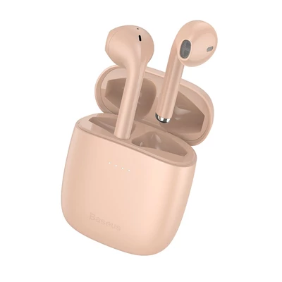 Bluetooth headset, Baseus Encok W04 Pro /NGW04P-04/, vezeték nélküli fülhallgató, töltő tokkal, rózsaszín, bliszteres