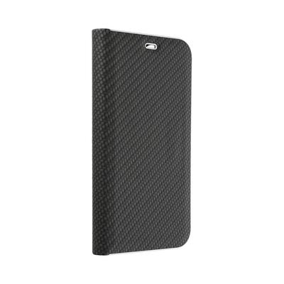 Tok, Vennus, oldalra nyíló mágneses műbőr flip tok, Apple Iphone 15 (6,1"), carbon fekete, (szilikon belsővel), csomagolás nélküli (prémium minőség)