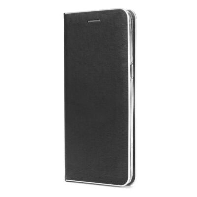 Tok, Luna, oldalra nyíló mágneses műbőr flip tok, Apple Iphone 12 Mini (5,4"), fekete, (szilikon belsővel), ezüst keretes, csomagolás nélküli (prémium minőség)