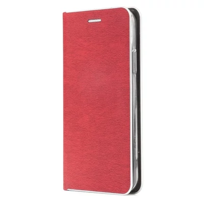 Tok, Luna, oldalra nyíló mágneses műbőr flip tok, Xiaomi Redmi 9A / 9AT, piros, (szilikon belsővel), ezüst keretes, csomagolás nélküli (prémium minőség)