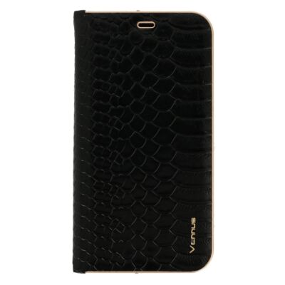 Tok, Vennus Wild, mágneses oldalra nyíló kígyóbőr mintás flip tok, szilikon belsővel, Apple Iphone 12 / 12 Pro (6,1"), fekete