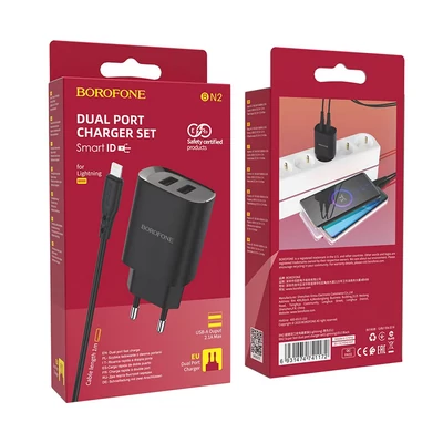 Töltő, Borofone BN2, 2 USB kimenettel, Iphone Lightning kábellel, 2.1A, fekete, bliszteres